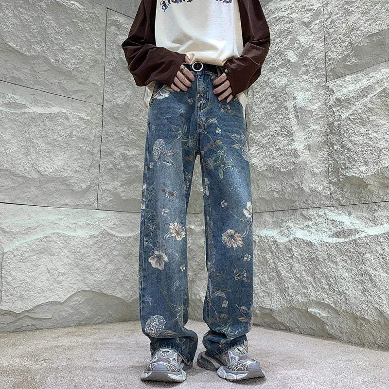 Baggy Flower Jeans Men Fashion Oversized Wide Leg Jeans Men Streetwear Hip-hop Loose Straight Denim Pants Mens Trousers S-XL