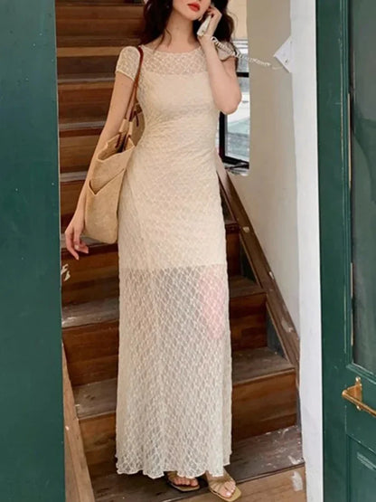 Hnewly DRESS TO IMPRESS Summer 2000s Vintage Y2k Bodycon Dresses Korean Beige 2 Piece Dress Sets Frence Retro Elegant Original Design Lace Flowers Dress