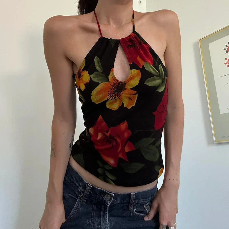 xsrrr Retro Floral Print Camis Vintage 2000s Drawstring Hollow Out Halter Crop Tops Women Sexy Streetwear Y2k Tees Summer Lady