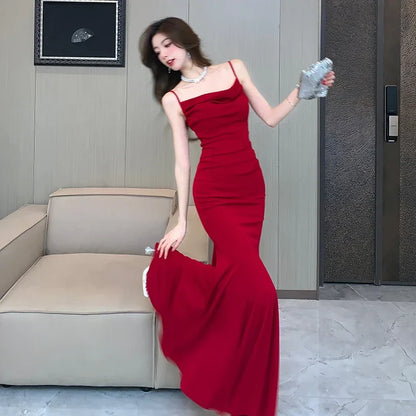 xsrrr DRESS TO IMPRESS Fashion Red Slip Evening Hip Wrap Dresses Women's Summer Sexy Long Maxi Cocktail Prom Dress