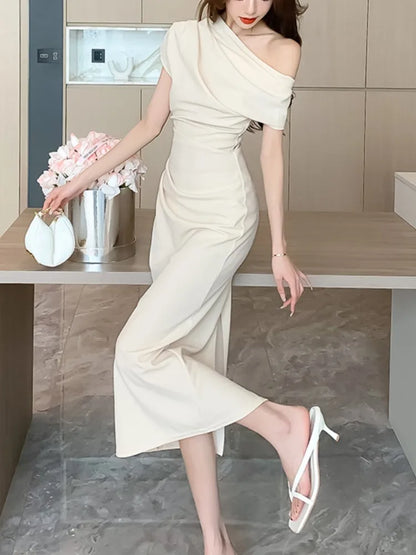 Hnewly DRESS TO IMPRESS Elegant Off Shoulder Evening Party Dresses Women Summer Fashion Slim One Piece Solid Vestidos Korean Graduation Robe Clothing