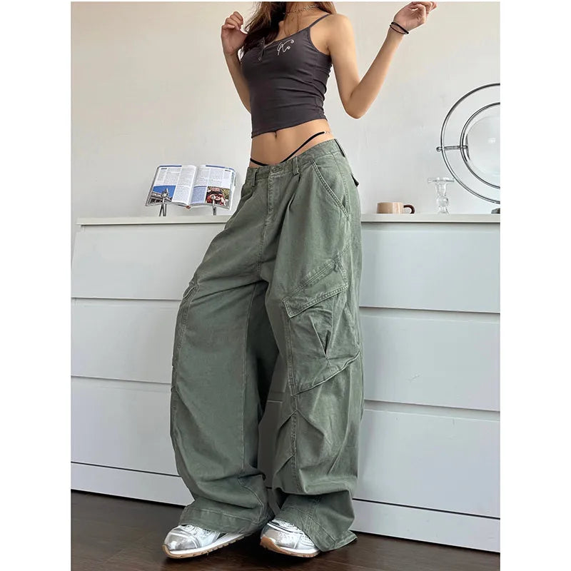 xsrrr NEW Green Jeans for Women High Quality High Waist American Wide Leg Pants Solid Y2K Vintage Straight Summer Trousers