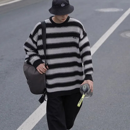 Striped Knitted Sweater Coat Men Japanese Oversize Casual Autumn Winter Loose O-neck Pullovers for Man Streetwear Korean