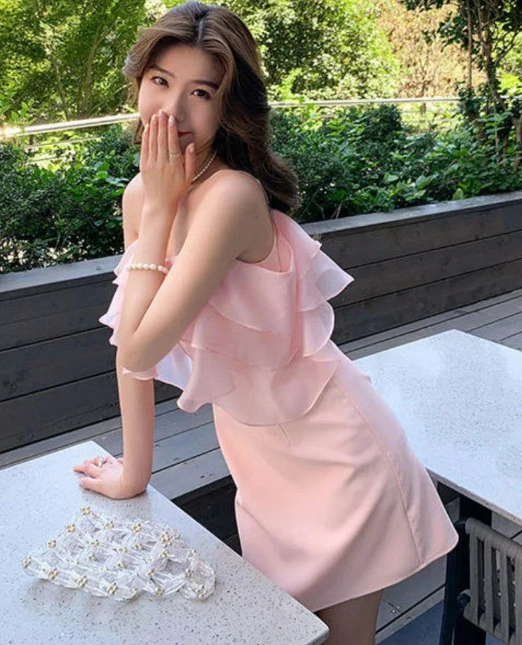 xsrrr DRESS TO IMPRESS Pink Sweet Fairy Dress Women Ruffles Design Sexy Party Mini Dress Female Spring Elegant Princess Casual Korean Strap Dress