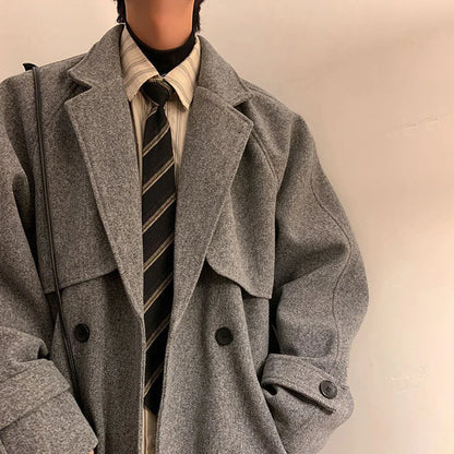 Mens Gray German Woolen Coat Autumn Winter Mid-Length Thickened High-End Retro Elegant Handsome Comfortable Coat Oversize