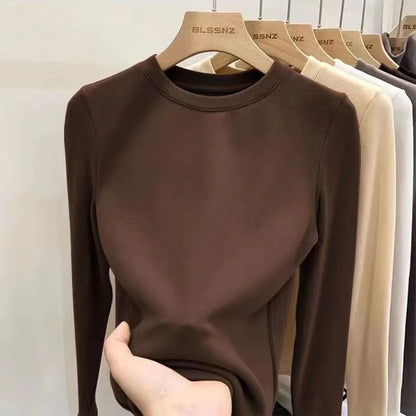 Hnewly Women Long Sleeve T Shirt Autumn Winter Solid Slim Fit Pullovers Tee Shirt  Female Basic Warm Clothes Streetwear Tops