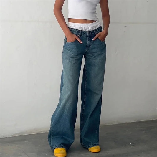 xsrrr y2k Jeans Women Clothes Fashion Solid Color Low Waist Waist Wide Leg Denim Pants Trousers with Pockets 2000s Streetwear