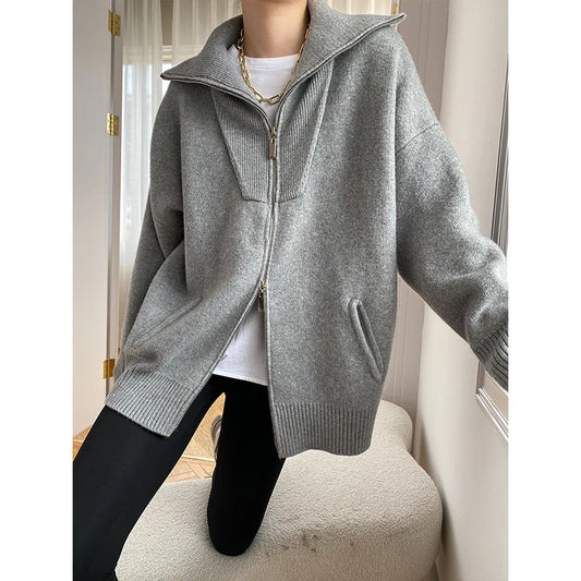 xsrrr Women Autumn Knitted Turn Down Collar Cardigans Zip Design Long Sleeve Women Sweater Cardigans Coat