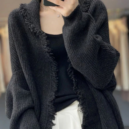 xsrrr Knitted Top for Women Black Cardigan Long Ladies Sweaters Jumper Korean Luxury Clothes Sleeve Autumn Winter 2024 Cashmere Trend