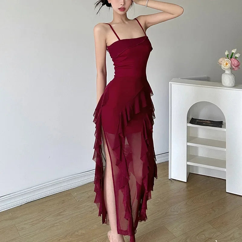 xsrrr DRESS TO IMPRESS New Sexy Backless Lace-up Sling Dresses Summer High Waist Women's Dress Solid Slim Fashion Slash Neck Ruffled Midi Dress