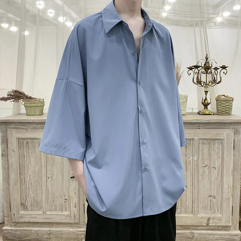 Summer Short Sleeved Shirt Men Oversized Fashion Society Mens Dress Shirt Korean Loose Ice Silk Shirt Mens Office Formal Shirts