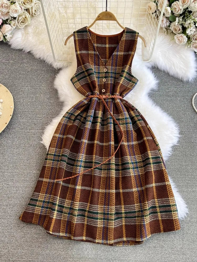 xsrrr Autumn Winter Plaid Woolen Dress Women Vintage V Neck Sleeveless Long Dress With Belt Streetwear Sundress