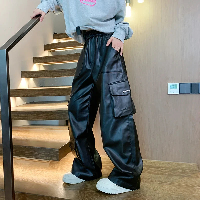 Black Leather Pants Men Oversized Retro Pocket Cargo Pants Men Streetwear Hip-hop Loose Wide Leg Pants Mens Motorcycle Trousers