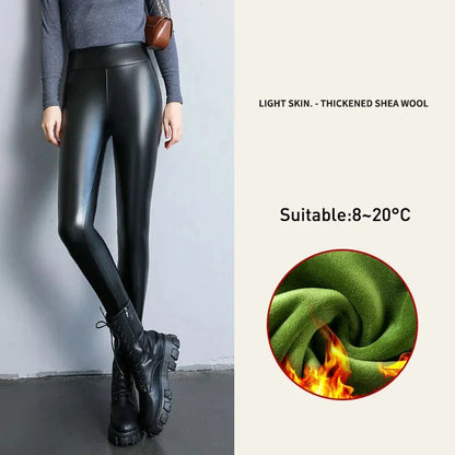 xsrrr Autumn Winter Black Fleece Matte Leather PU Leggings Women's High Waist Elasticity Lift Buttock Trousers Skinny Legging Pants