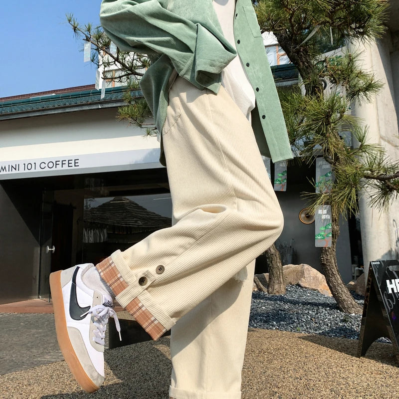 Men's Plaid Corduroy Fabric Loose Cargo Casual Pants Fashion Trend Sweatpants Elastic Waist Oversized Style Trousers M-3XL