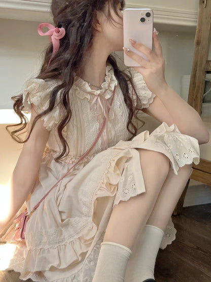 xsrrr Summer Lolita Kawaii Mini Dress Women Flying Sleeve Japanese Sweet Cute Dress Female Korean Style Ruched Fairy Dress