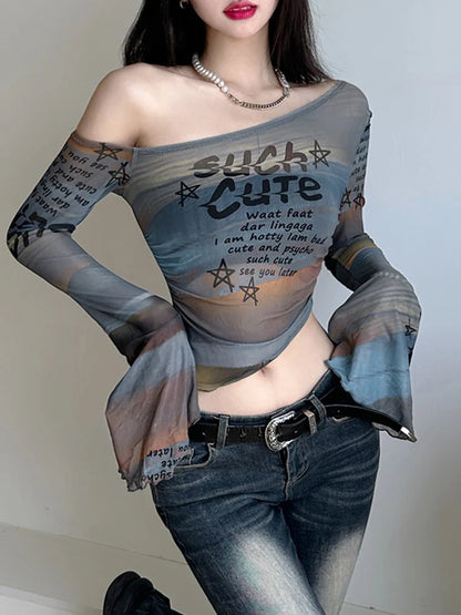 xsrrr Asymmetry Mesh T Shirts for Women Sexy See Through Long Sleeve Print Crop Tops y2k Grunge Print Shirts Vintage Coquette