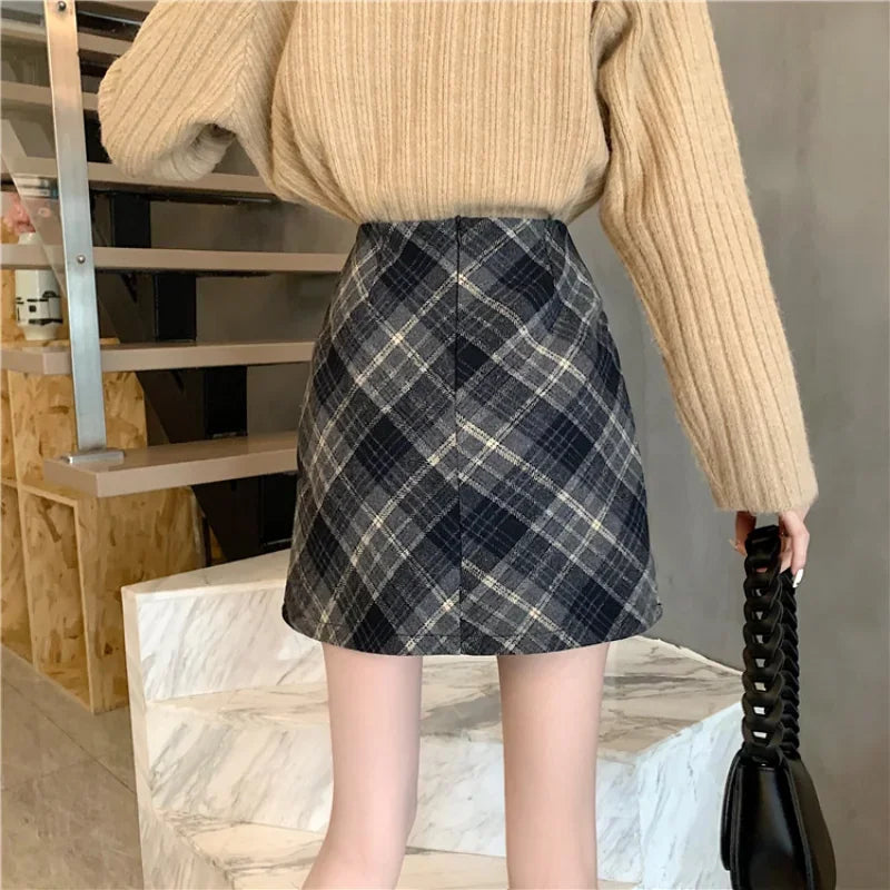 xsrrr Skirts Women Woolen Tender Fashion High Waist Retro Plaid Elegant A-line Casual Ladies Minimalist All-match Autumn Korean Style