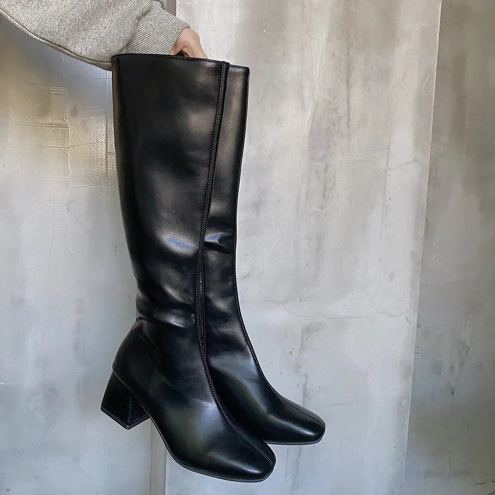 xsrrr Knee-length Boots Women Women's Rubber Shoes Sexy Square Heel Thigh High Heels Luxury Winter Heeled Booties Black