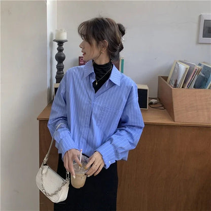 xsrrr Shirts Women Blue Striped Loose Harajuku Long Sleeve Casual Spring Tops Students All-match Fashion Simple Korean Ulzzang Chic BF