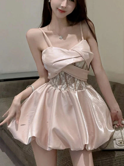 xsrrr French Fashion Princess Elegant One Piece Dress Women Summer New Pink Slim Mini Dress Female Y2k Vintage Sleeveless Dress 2024