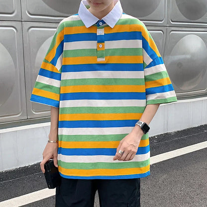 Striped Print POLO Shirts Fashion Summer Men Clothes Thin Classic Lapel Tops Cotton Oversize Loose Short Sleeve T-Shirt S-3XL