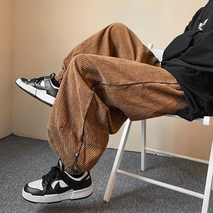 Winter Japanese Retro Wide Leg Pants for Men Corduroy Haren Pants Oversized Casual Jogging Sweatpants Hip-hop Street Male