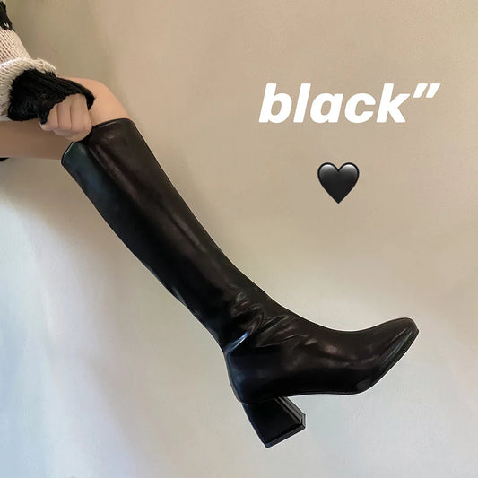 xsrrr Knee-length Boots Women Women's Rubber Shoes Sexy Square Heel Thigh High Heels Luxury Winter Heeled Booties Black