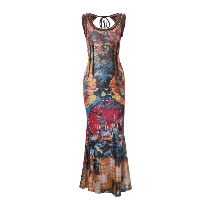 xsrrr DRESS TO IMPRESS Summer New INS Women's Tie Dyed Printed U-neck Fashion Retro Slim Dress Sexy Spicy Girl Backless Pullover High Waist Dresses