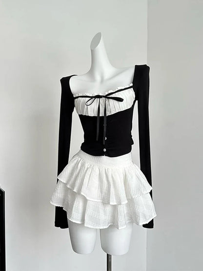 xsrrr Sweet Romantic 2000s Aesthetics Fashion Gyaru Outfits 2 Piece Set Plaid Square Collar Crop Tops Lace Up + White A-Line Skirts