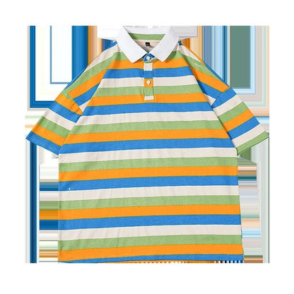 Striped Print POLO Shirts Fashion Summer Men Clothes Thin Classic Lapel Tops Cotton Oversize Loose Short Sleeve T-Shirt S-3XL