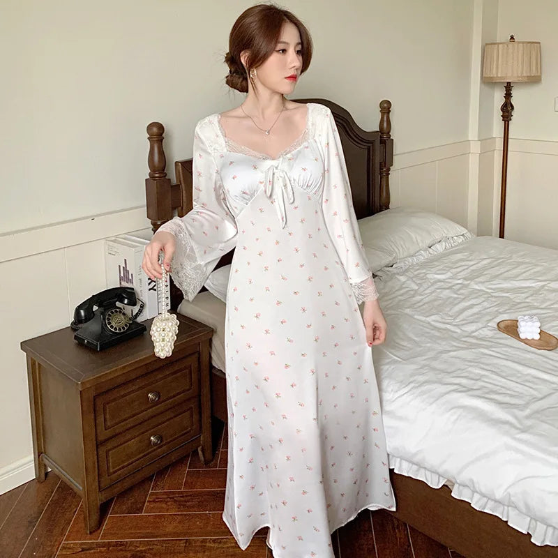 xsrrr Retro Court Style Square Collar Long Sleeve Nightdress New Spring Women Nightgown Sleepwear Sweet Print Flower Lace Home Dress