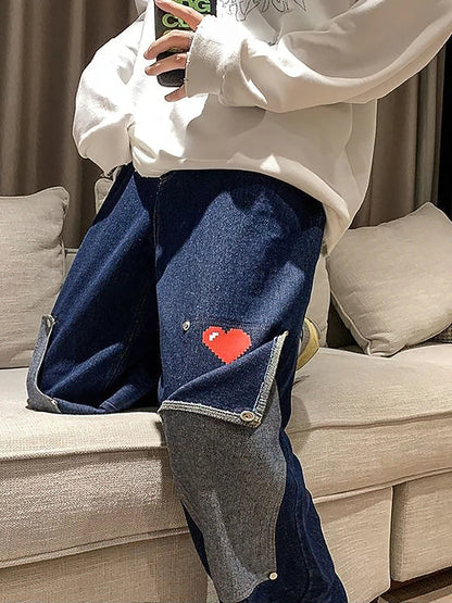 Harajuku Wide Leg Baggy Jeans Pants Men Love Heart Oversize Straight Denim Buttton Cargo Long Trousers Streetwear Student New