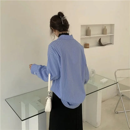 xsrrr Shirts Women Blue Striped Loose Harajuku Long Sleeve Casual Spring Tops Students All-match Fashion Simple Korean Ulzzang Chic BF