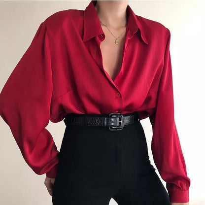 xsrrr Women Button Blouses Turn Down Collar Shirts Office Lady Long Sleeve Casual Blouse Loose OL Shirt Baggy Tops Red/Wine Red /Black