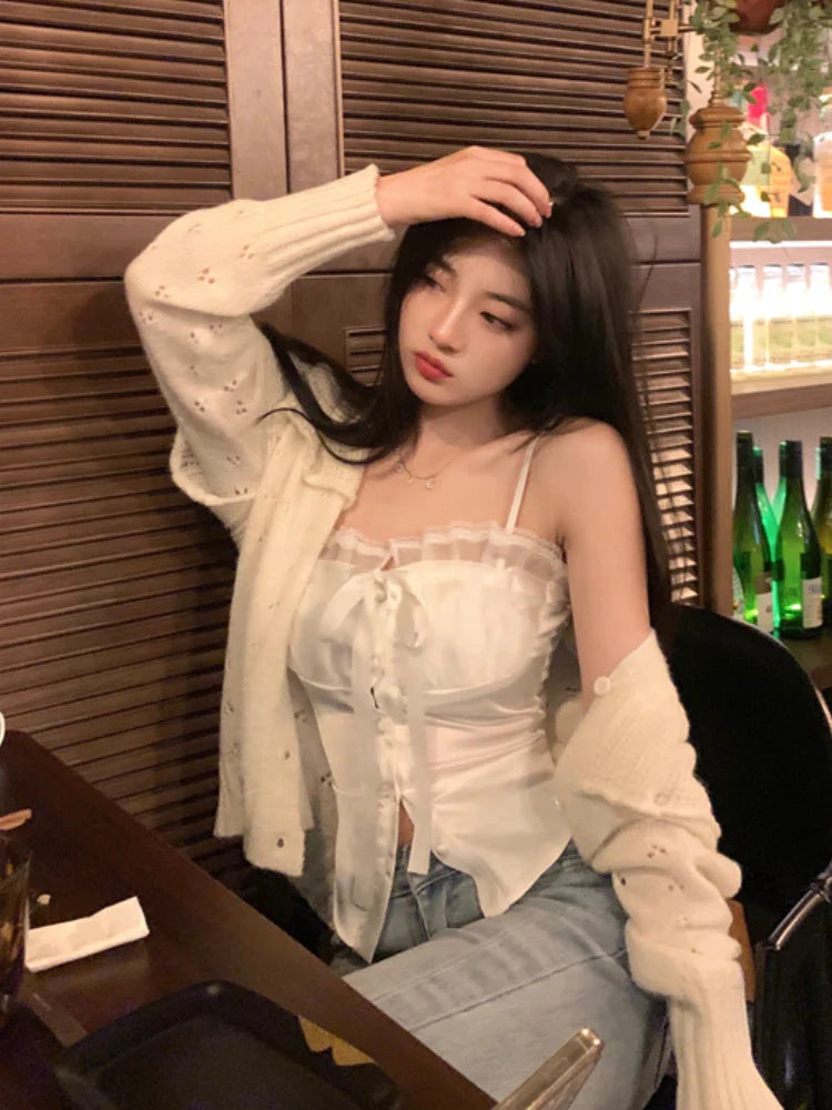 xsrrr Summer Pure Color Lace Camis Blouse Women Casual Party Elegant Sexy Crop Tops Slim Korean Style Fashion Designer Chic Vest