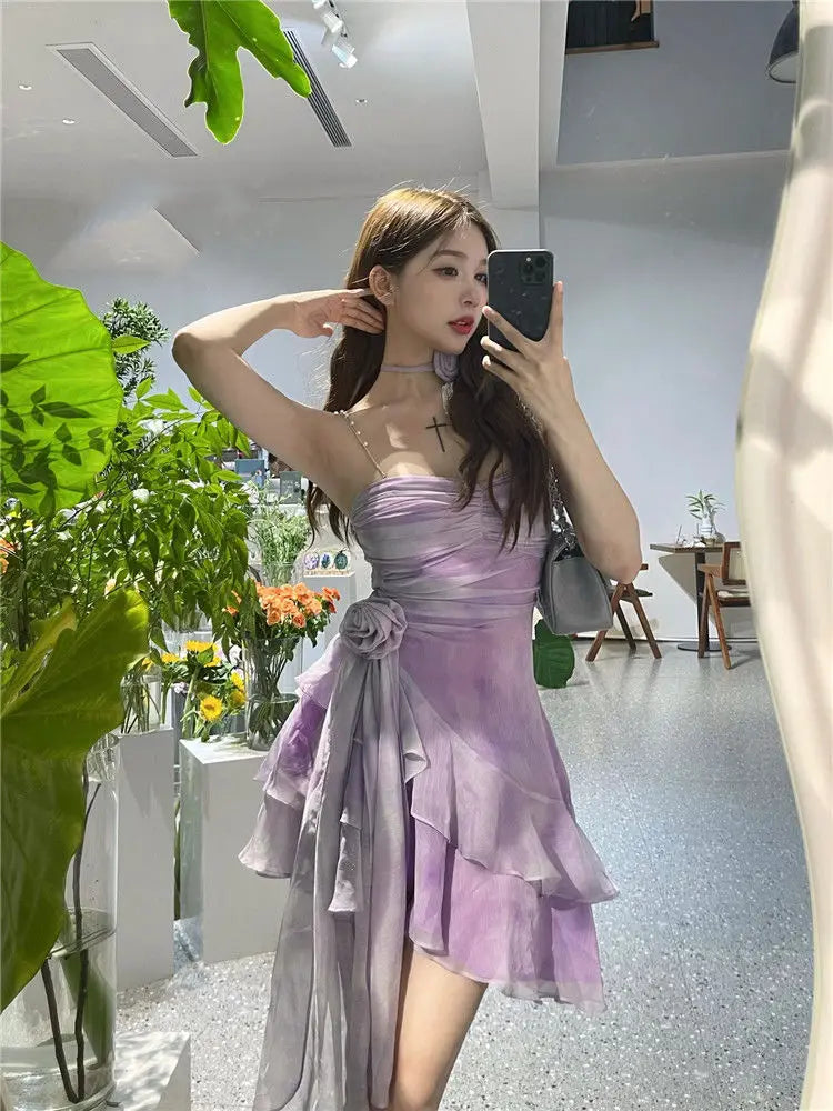 xsrrr DRESS TO IMPRESS Purple Sexy Elegant Mini Dress Women 2024 Summer Irregular Floral Y2k Vintage Strap Dress Female Folds Design Short Party Dress