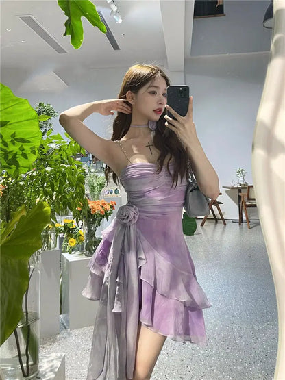 xsrrr DRESS TO IMPRESS Purple Sexy Elegant Mini Dress Women 2024 Summer Irregular Floral Y2k Vintage Strap Dress Female Folds Design Short Party Dress