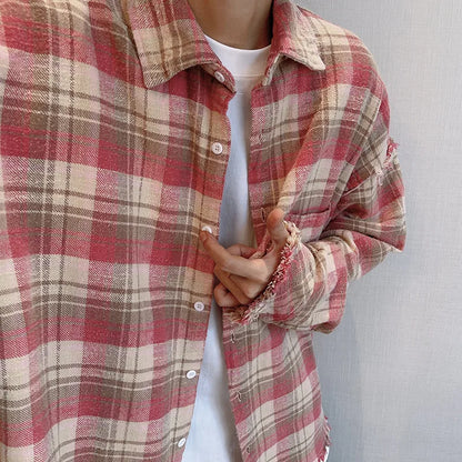 2024 Loose Casual Pink Plaid Shirt Tops men's Clothing Autumn Retro Versatile Cotton Lapel Oversize Long Sleeve Shirt Blouse