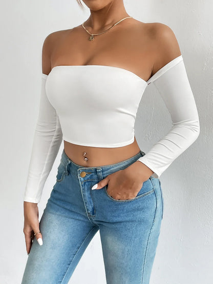 xsrrr Off Shoulder Crop T-Shirt, Casual Long Sleeve Top For Spring & Fall, Women's Clothing