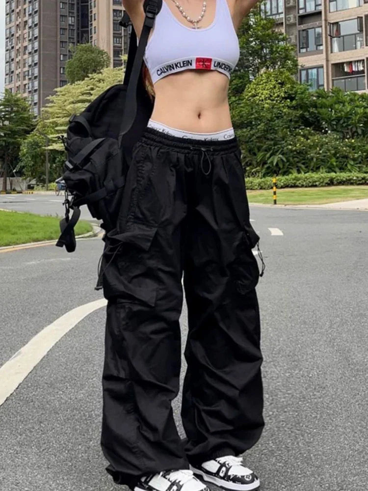 xsrrr Y2K Parachute Black Pants Women Hippie Streetwear Oversize Pockets Cargo Trousers Harajuku Wide Leg Baggy Sweatpants