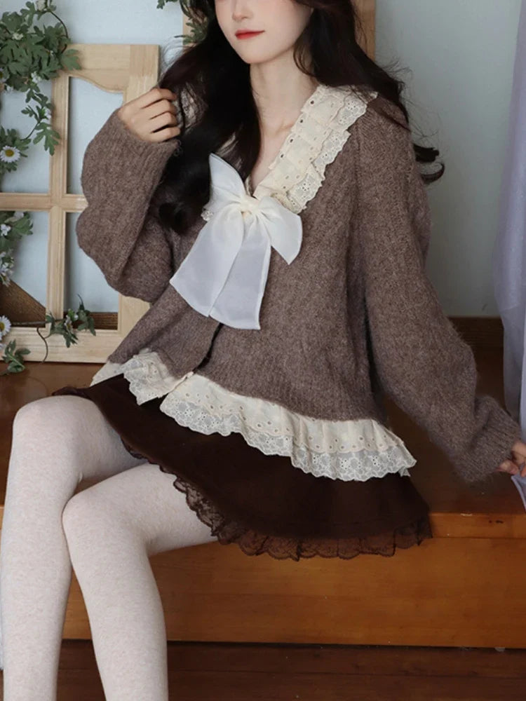 xsrrr BACK TO SCHOOL OUTFIT Kawaii Ruffles Knitted Cardigan Women Winter Bow Japanese Lace Warm Sweet Sweater Female Single-breasted Korean Casual Tops