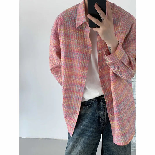 Autumn Long Sleeved Shirt Men Fashion Color Plaid Shirt Men Streetwear Korean Loose Casual Shirt Mens Oversized Vintage Shirts