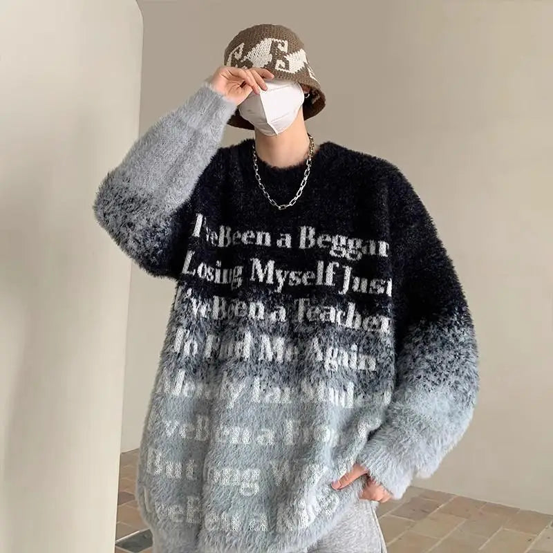 Mink Casual Fleece Tie Dyed Gradient Couple Sweater Men's Lazy Oversize Mohair Knitwear Winter Student  Hip Hop Male and Female y2k