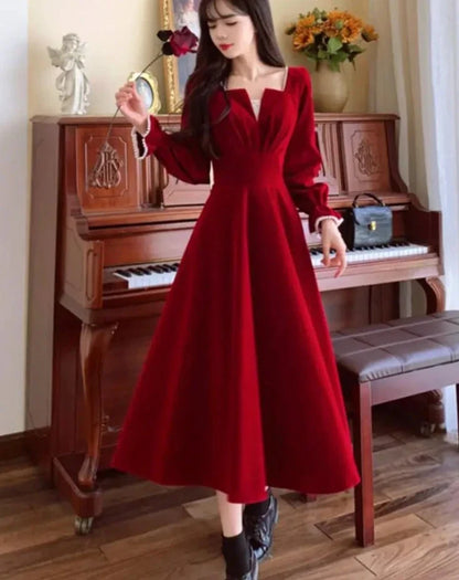 xsrrr DRESS TO IMPRESS Women Vintage A-line Wedding Party Dress Autumn Fashion Elegant Long Sleeve Backless Red Vestidos Female Princess Robe Spring