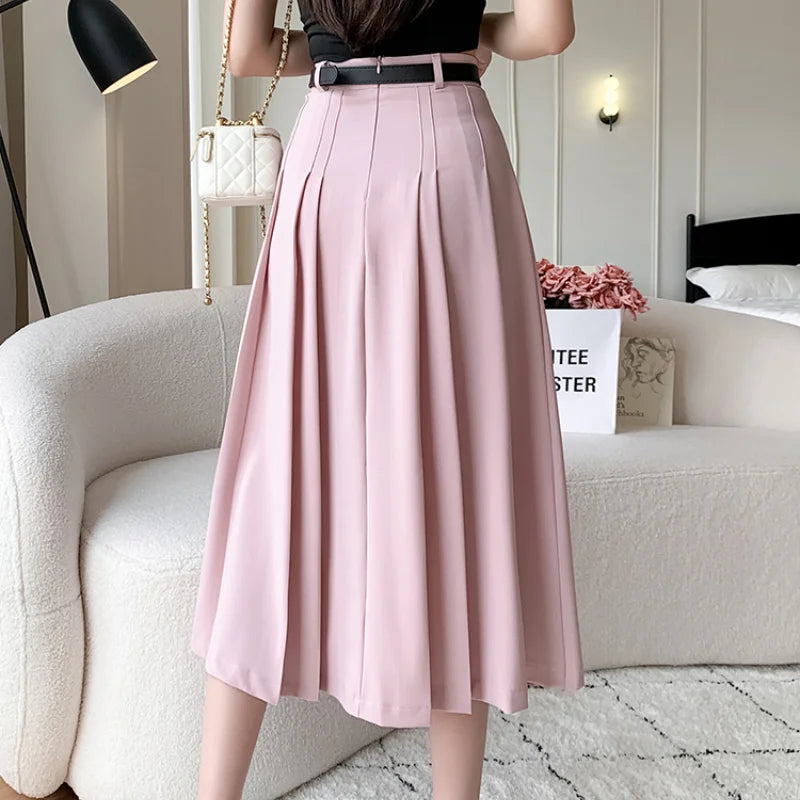 xsrrr Spring Summer High Waist Midi Pleated Skirts Womens Fashion A-line Casual Suit Skirt Ladies Elegant Vintage Umbrella Skirt