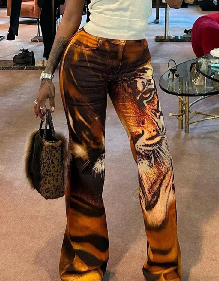 xsrrr Tiger Print Flare Pants Women Y2K Summer Trend Skinny Elastic Wild Casual Streetwear Basic High Waist Trousers