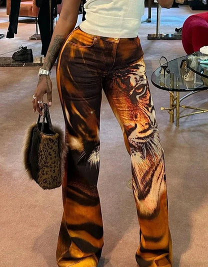 xsrrr Tiger Print Flare Pants Women Y2K Summer Trend Skinny Elastic Wild Casual Streetwear Basic High Waist Trousers