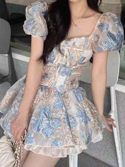 xsrrr DRESS TO IMPRESS French Elegant Square Collar Print Mini Dress Women Fairy Puff Sleeve Sweet Bow Dresses Summer New Fashion Evening Party Dress