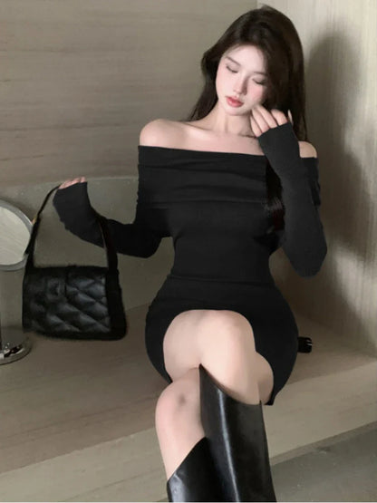 xsrrr Christmas Oufits Sexy Dresses Women Backless Knitting Slim Y2k Girls Tender Korean Style Soft Casual Autumn Slash Neck Hotsweet Cozy New Clubwear